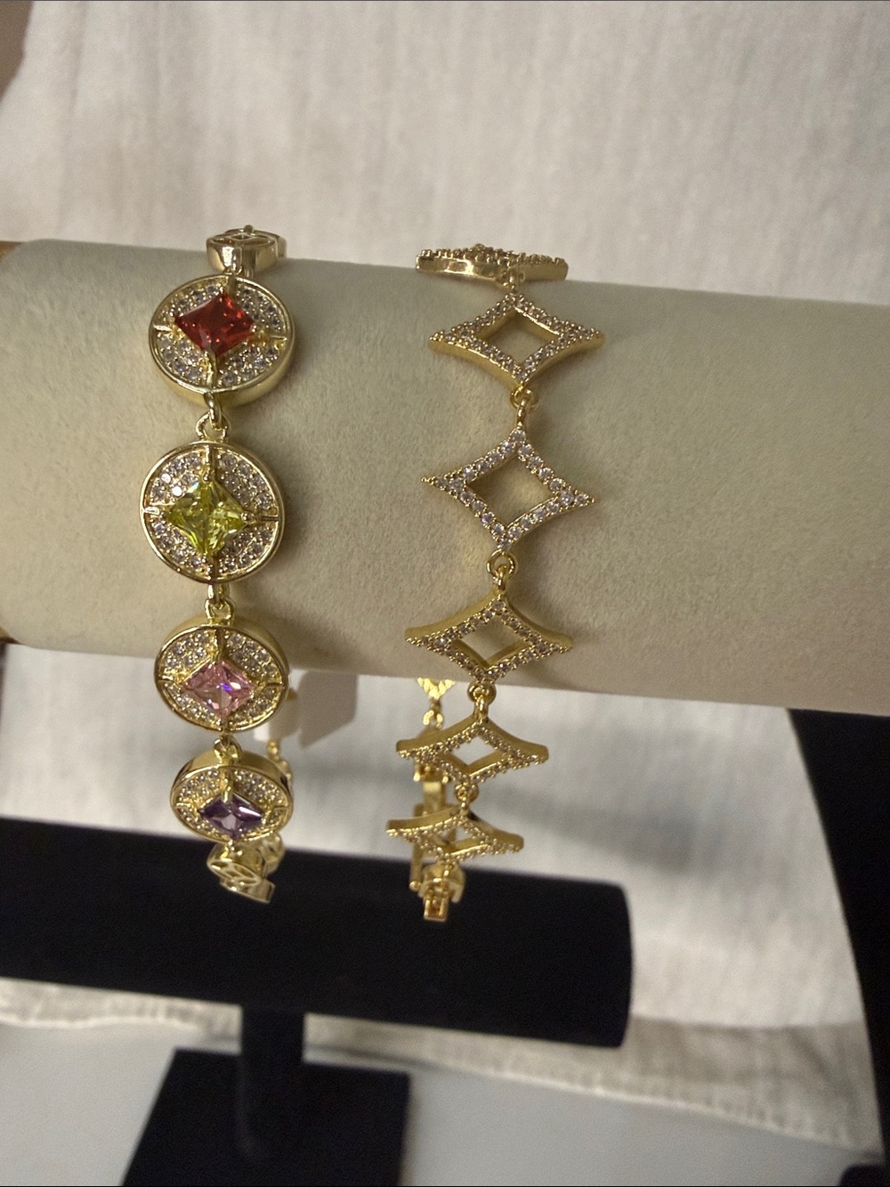 Gold Iced Out Multi-Color Gemstone and Pave Bracelet Set